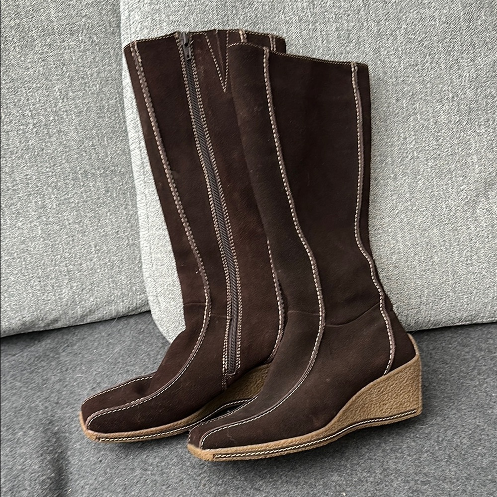 Spring Chocolate suede leather calve high boots square toe white top stitching.